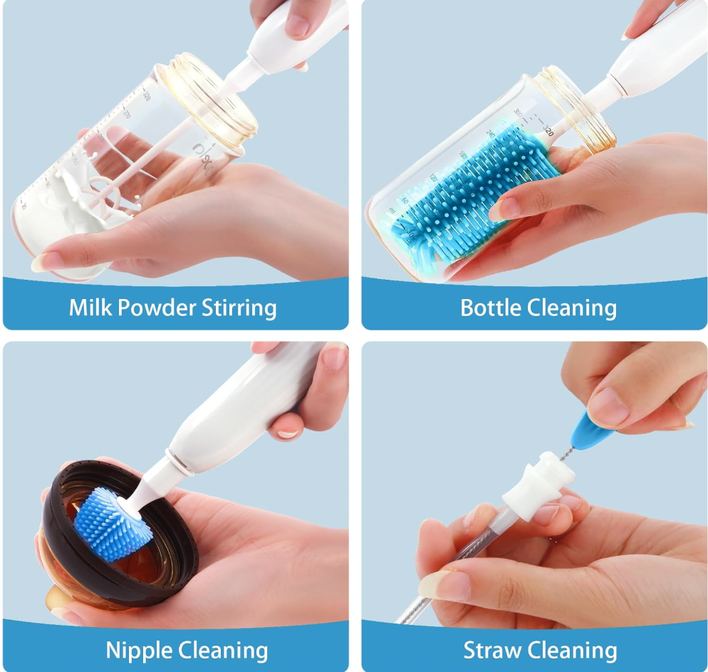 Electric Silicone Baby Bottle Brush Set – Straw & Nipple Cleaner, Waterproof, Long Handled
