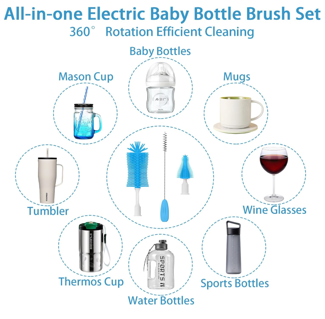 Electric Silicone Baby Bottle Brush Set – Straw & Nipple Cleaner, Waterproof, Long Handled