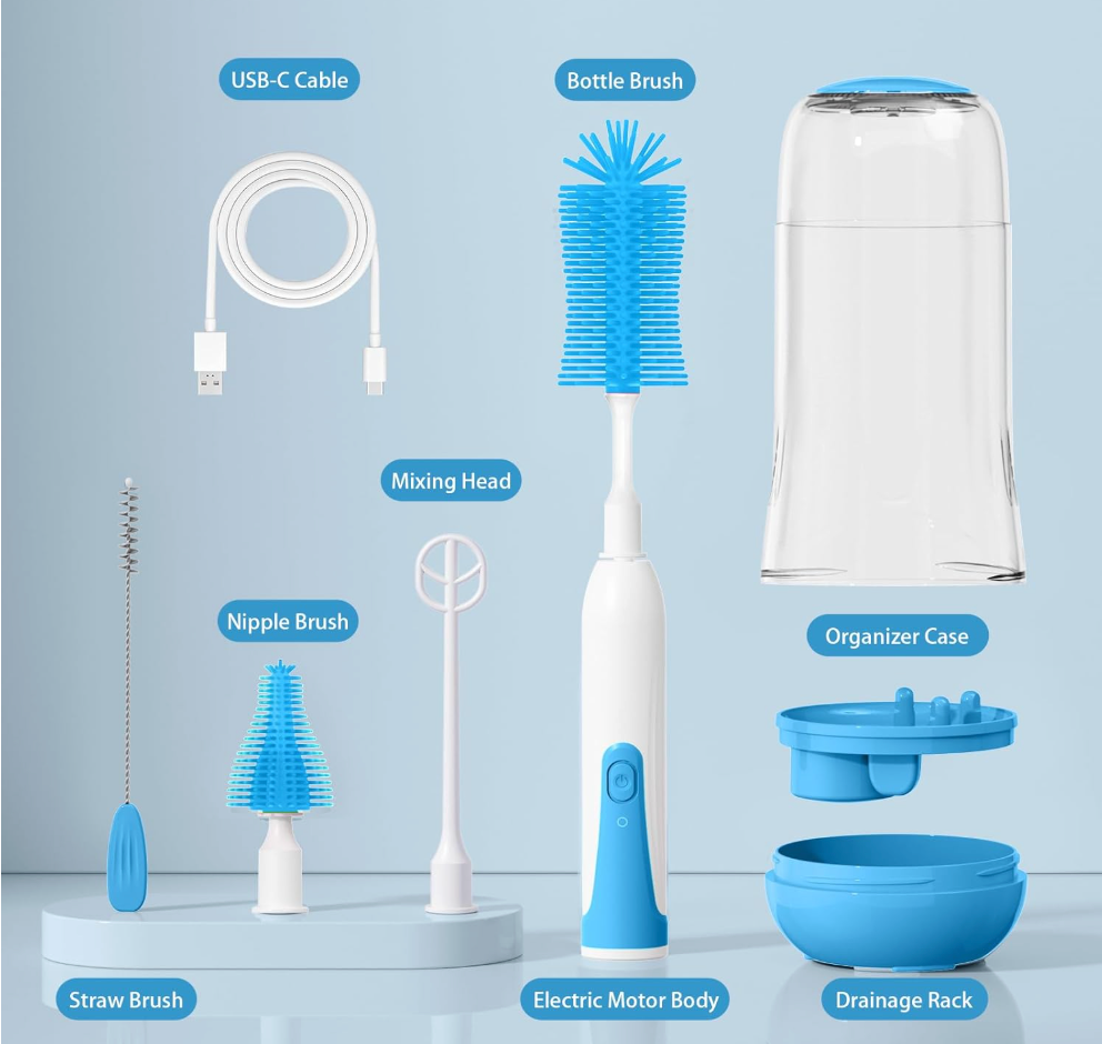 Electric Silicone Baby Bottle Brush Set – Straw & Nipple Cleaner, Waterproof, Long Handled